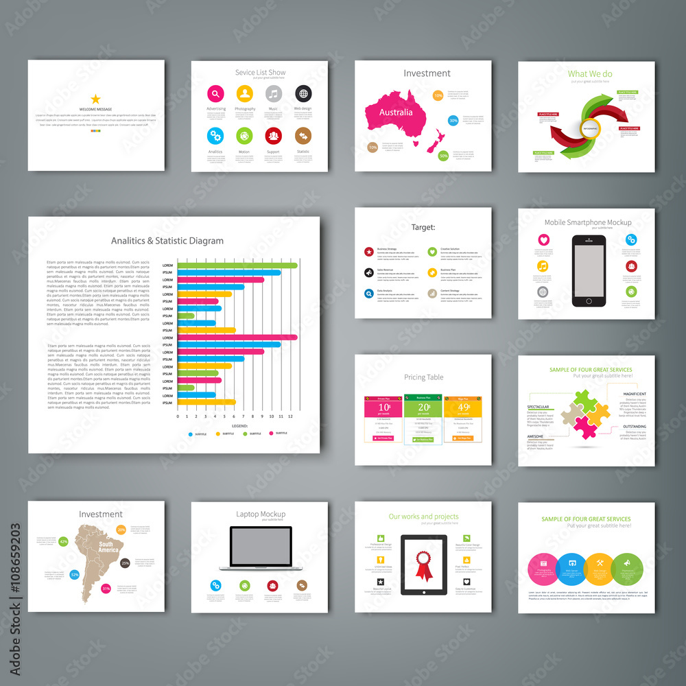 Multipurpose template for presentation slides with graphs and charts - Light color version.