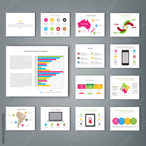 Multipurpose template for presentation slides with graphs and charts - Light color version.
