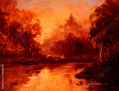 sunset in forest on river, oil painting on canvas, illustration