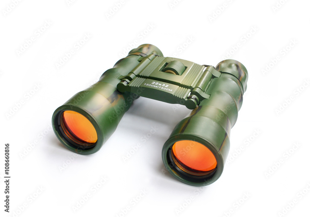 Camouflage style binoculars on a white background. Full control concept Camouflage style binoculars on a white background. Full control concept