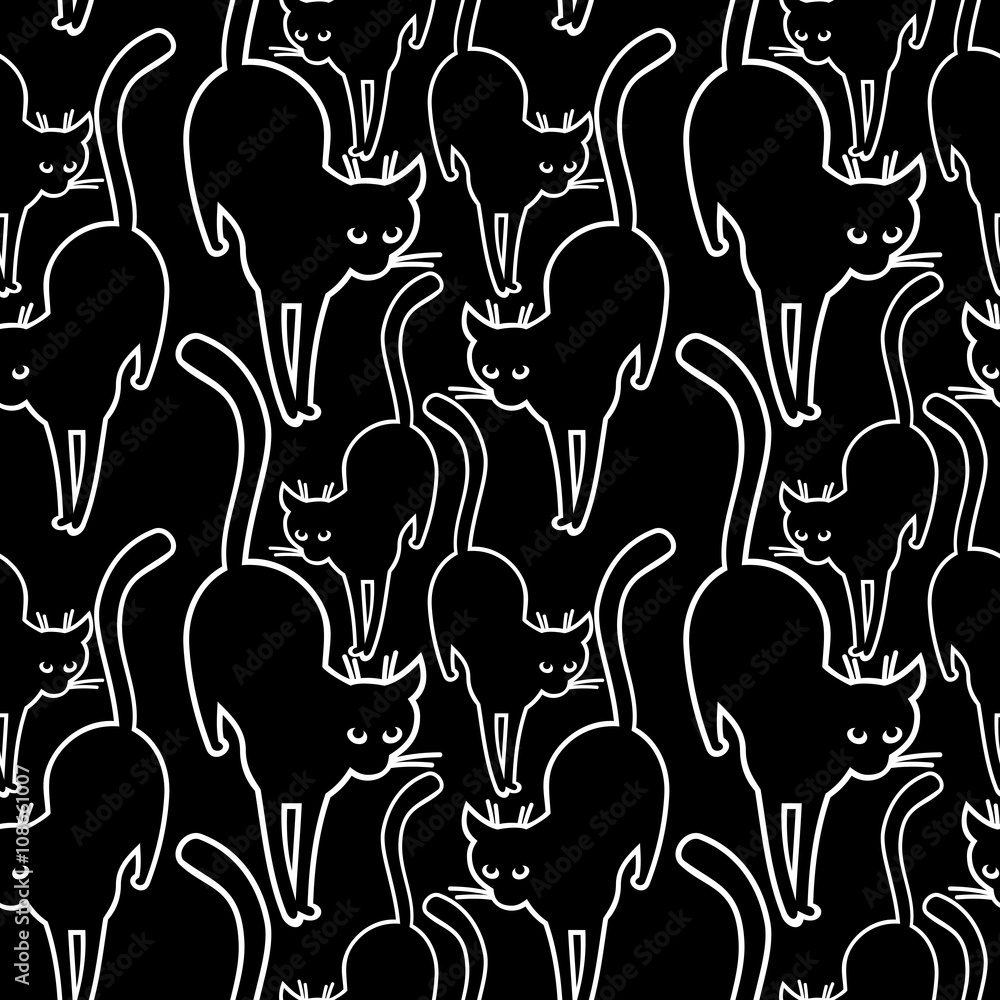 White outline cats on a black background. Vector seamless pattern. White outline cats on a black background. Vector seamless pattern.