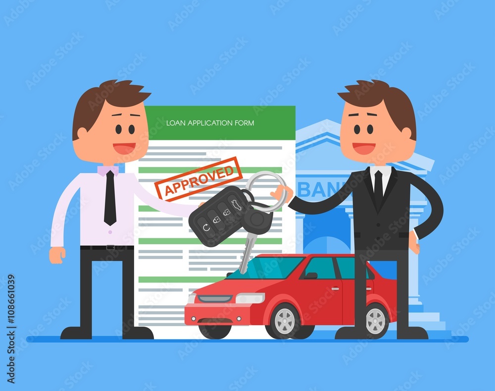 Approved car loan vector illustration. Buying automobile concept. Dealer hand over keys to happy customer Approved car loan vector illustration. Buying automobile concept. Dealer hand over keys to happy customer