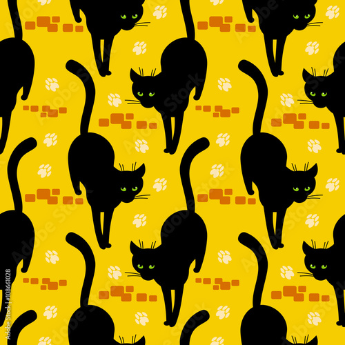 Black cat walking on the sloppy street. Vector seamless pattern with cat's silhouettes