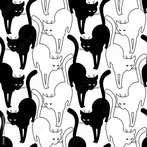 Black cat walking on the sloppy street. Vector seamless pattern with cat's silhouettes