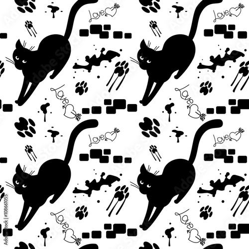 Black cat walking on the sloppy street. Vector seamless pattern with cat's silhouettes