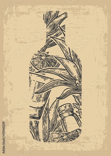 Bottle of tequila with glass, cactus, salt and lime.