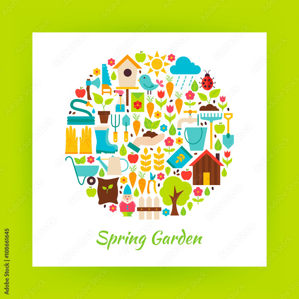 Flat Circle Spring Garden Objects over white Paper