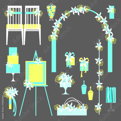 Vector set of decorative wedding elements . Chairs, cake, arch, flowers. Blue and yellow colors. Vector illustration. © rraya