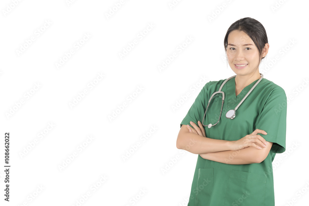 Portrait female doctor wearing a green scrubs and stethoscope Portrait female doctor wearing a green scrubs and stethoscope