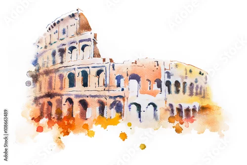 Obraz akwarela rysunek Koloseum w Rzymie. Ręcznie rysowane włoskie zwiedzanie