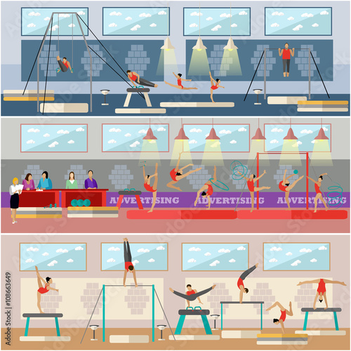 Gymnastic sport competition arena interior vector illustration. Sportsman flat icons. Artistic and rhythmic gymnast exercise