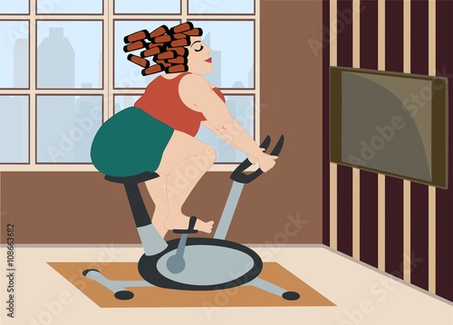 Full young girl is engaged on a stationary bike at home in front of the window, overlooking the daytime city . Vector illustration.