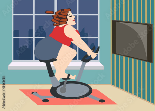 Full young girl is engaged on a stationary bike at home in front of the window, overlooking the evening city . Vector illustration.
