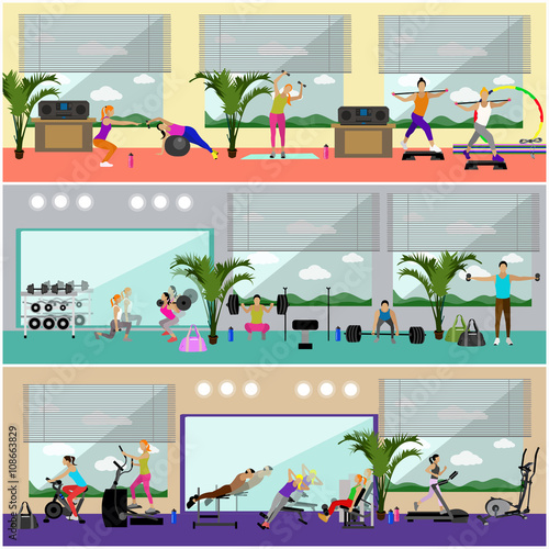 Fitness center interior vector illustration. People work out in gym horizontal banners. Sport activities concept. 
