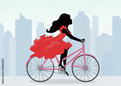 A woman rides a Bicycle on the background of the city. Illustration in vector format . Horizontal.