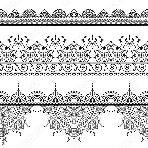 Mehndi Henna three line lace seamless pattern for tattoo  elements in Indian style on white background