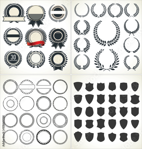 Set of empty retro vintage frames laurels badges and stamps