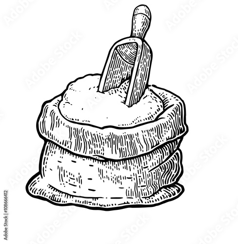 Sack with whole flour. Hand drawn sketch style. Vintage black vector engraving illustration for label, web, flayer bakery shop.  Isolated on white background