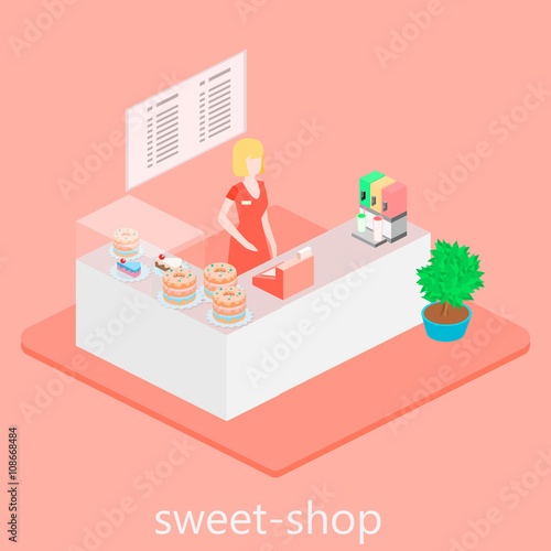 Isometric interior of sweet-shop. People sit at the table and eating.
