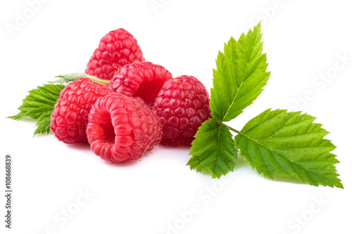 raspberries with mint leaf isolated on white close up