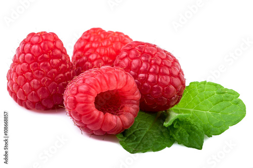 fresh raspberry with mint leaf isolated on white