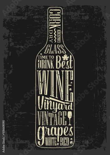Typography poster lettering text in silhouette Wine bottle. Vintage vector engraving illustration. Advertising design for pub on dark background