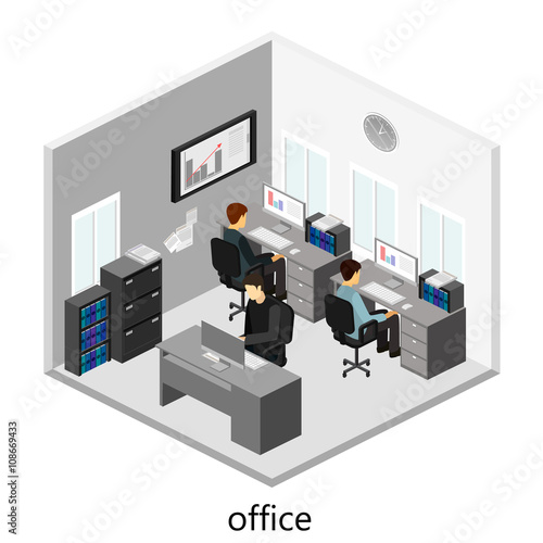 Flat 3d isometric abstract office floor interior departments concept vector.