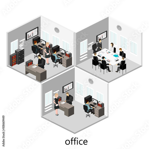 Flat 3d isometric abstract office floor interior departments concept vector.
