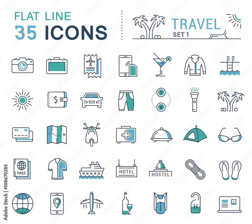 Set Vector Flat Line Icons Travel Set Vector Flat Line Icons Travel