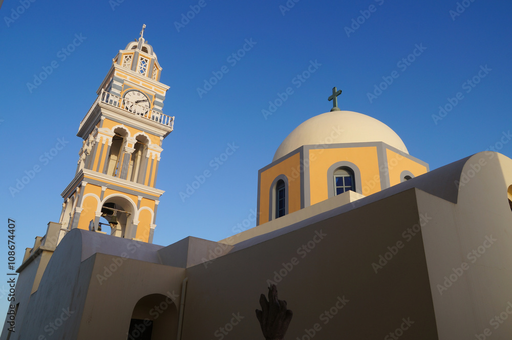 Catholic Cathedral with dome and belfry, Santorini, Greece.