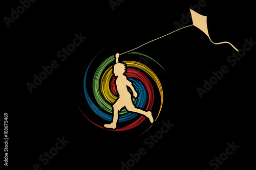 Little boy running with kite designed on spin wheel graphic vector.