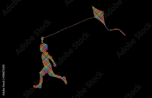 Little boy running with kite designed using colorful pixels graphic vector.