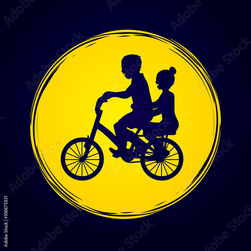 Little boy and girl are biking on moonlight background graphic vector.