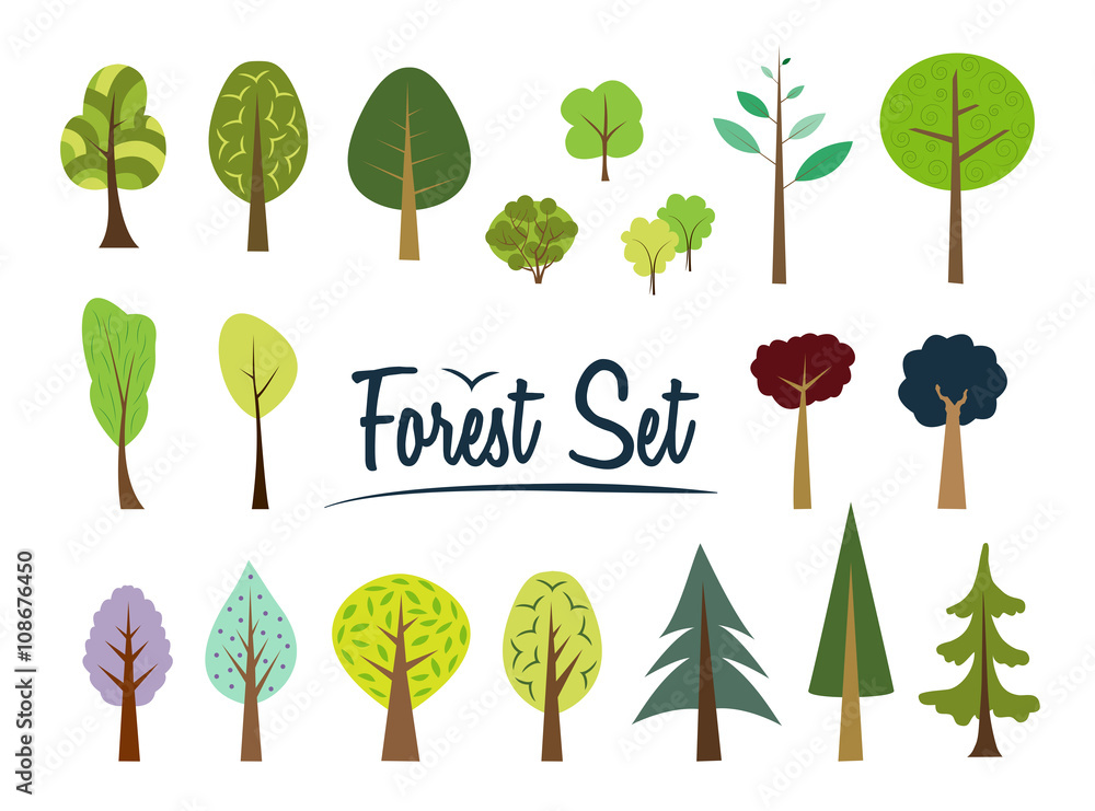 Vector forest set. Various trees and bushes. Simple wood. Cartoons forest. Flat style. Fir, pine, spruce, larch. Conifers and deciduous trees. Simple shape. Many different trees on white background.