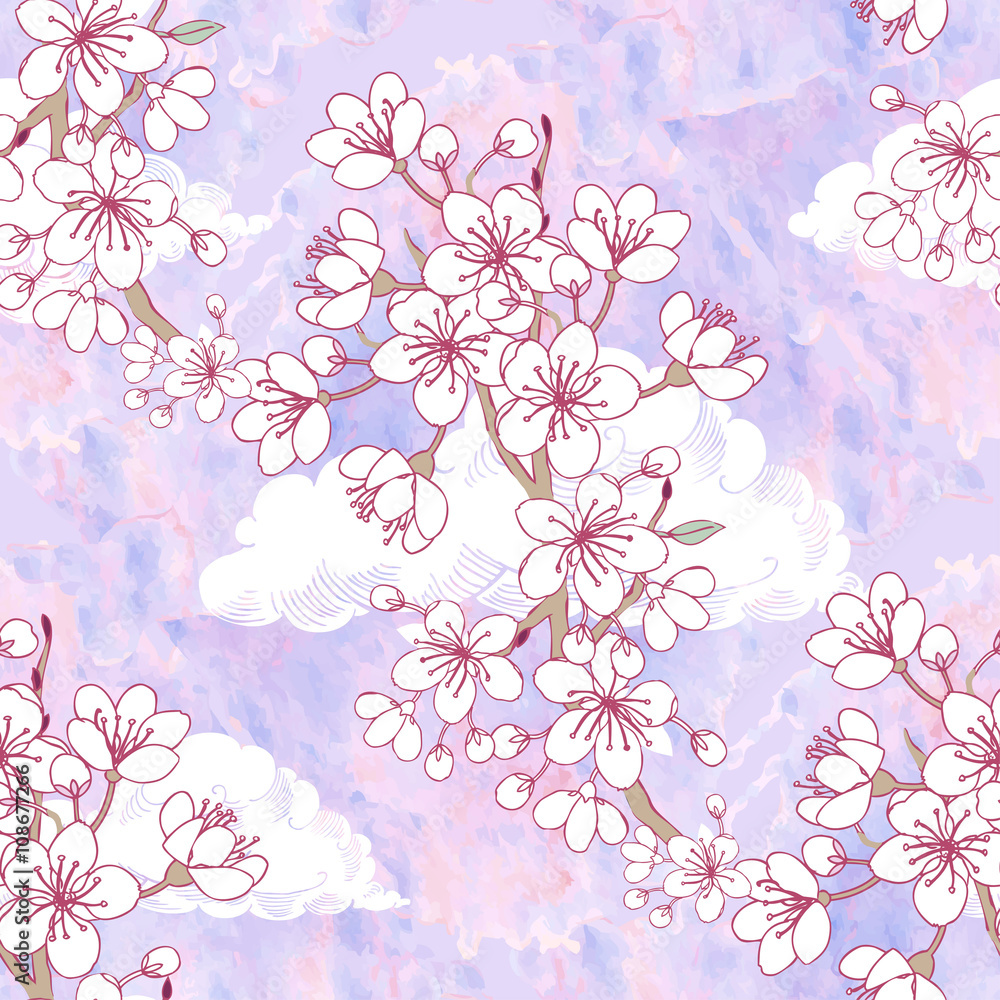 Seamless pattern  with sakura and clouds