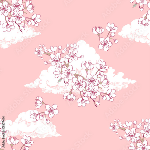 Seamless pattern  with sakura and clouds