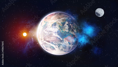 Fototapeta Naklejka Na Ścianę i Meble -  Planet in the background galaxies and luminous stars, over color - Elements of this Image Furnished by NASA
