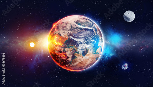 Fototapeta Naklejka Na Ścianę i Meble -  Planet in the background galaxies and luminous stars, over color - Elements of this Image Furnished by NASA