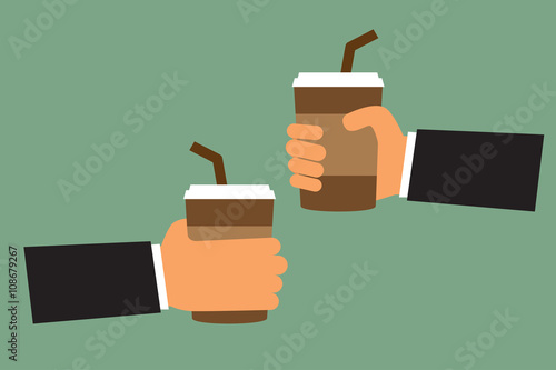 cartoon hand hold paper cup or take-home coffee cup and tube, ve