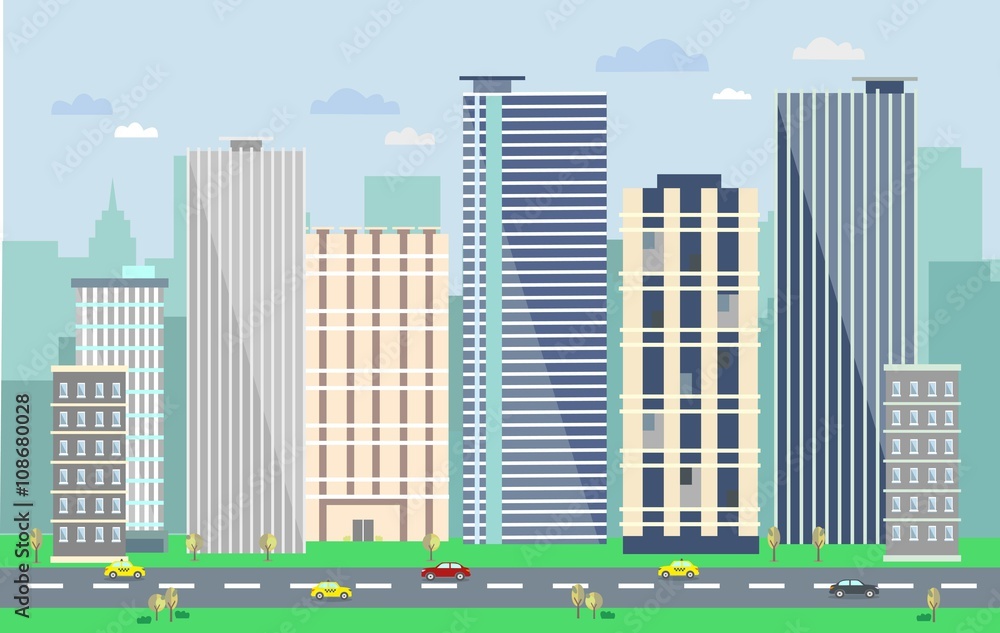 The landscape of the modern city with cars. Vector illustration.