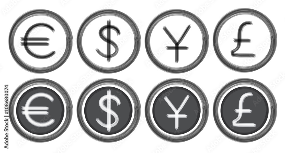 Currency icons. Dollar, euro, pound sterling, yen (or yuan). Brush style illustration. Currency icons. Dollar, euro, pound sterling, yen (or yuan). Brush style illustration.