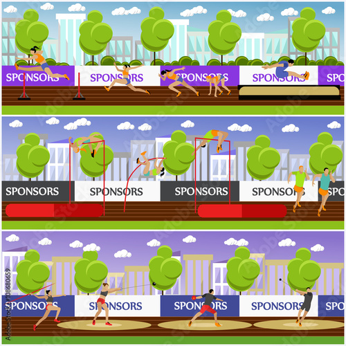 Sport of athletics concept vector illustration. Track and field competition games. Sportsman running, jumping, throwing.