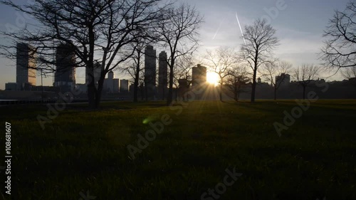 Milwaukee Wisconsin at Sunset slow dolly wide angle shot