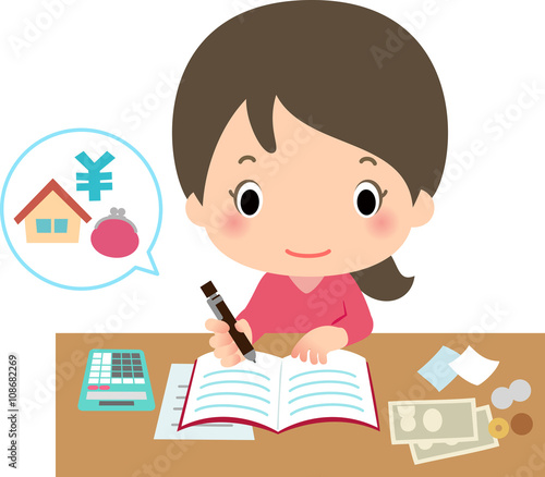 家計簿を書く若い女性