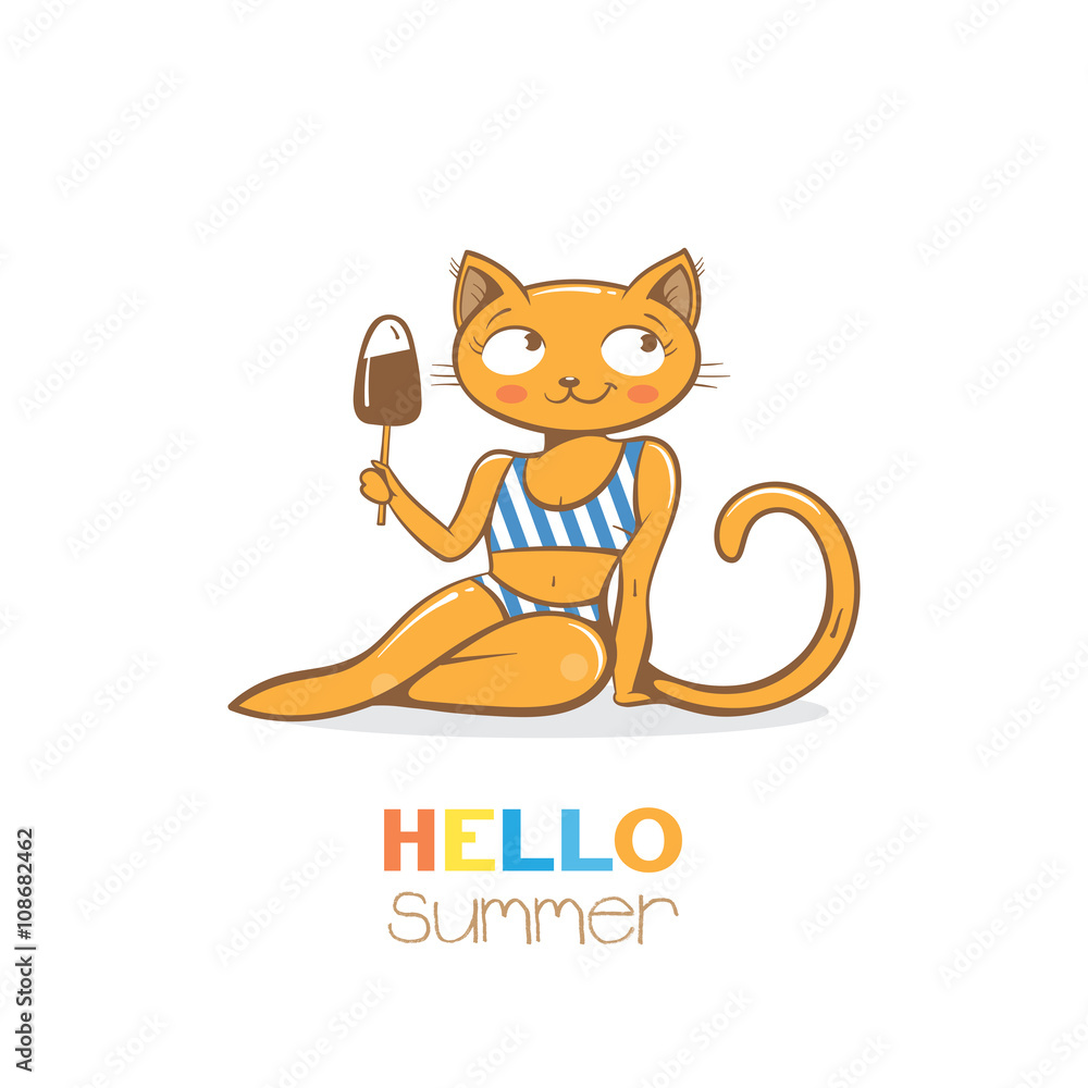Summer beautiful card with cute cartoon cat in striped bikini. Cat and ice  cream. Vector image. Stock Vector | Adobe Stock