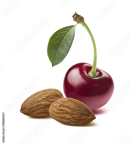 Single red cherry double almonds isolated on white background as package design element