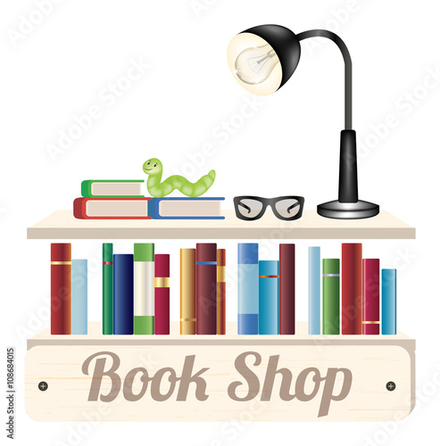 Book shop wood board with book reading glasses and reading lamp on a wood book shelf
