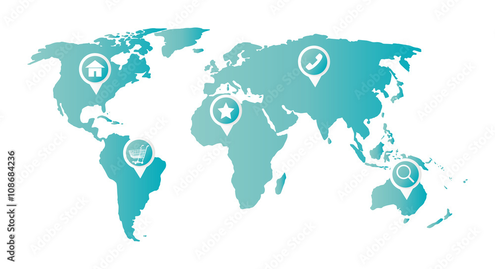 Naklejka premium home cart phone favorite magnifying glass icon on a world map 