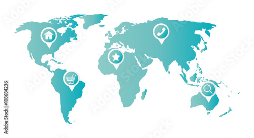 home cart phone favorite magnifying glass icon on a world map  