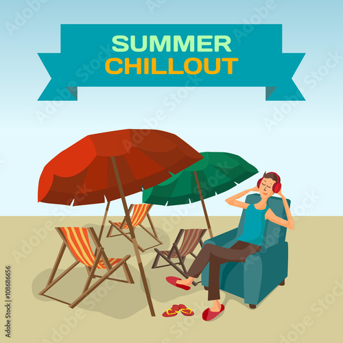 Background with sea landscape summer beach, sun umbrellas, beach